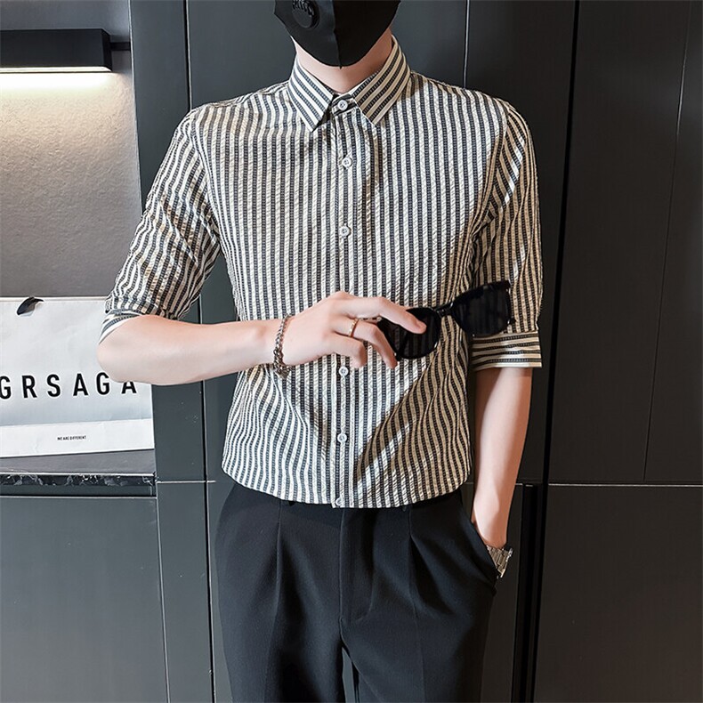 夏季男士七分袖条纹衬衫男休闲修身休闲衬衣A236-C665-P55,男装衬衫,电商A236
