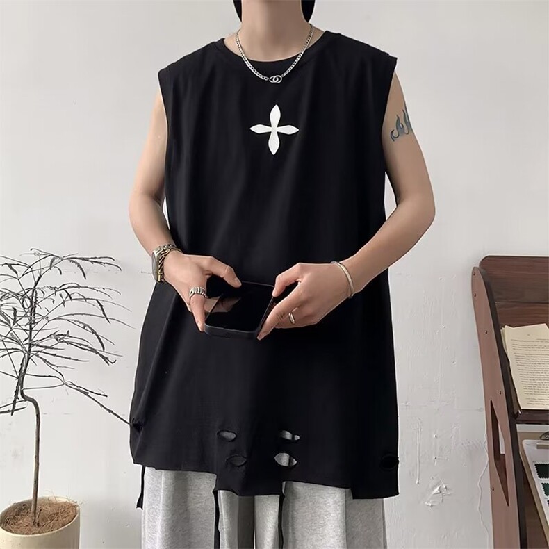 港风夏款男破洞T恤流苏十字架印花背心棉马甲无袖T恤衫BX71 P30图片
