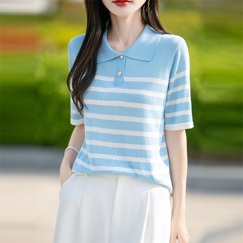翻领条纹短袖t恤女夏季2025新款打底衫洋气女装冰丝针织上衣,女装T恤,思牵羊绒