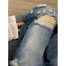 美式复古破洞牛仔裤男女夏季宽松阔腿设计感拖地长裤LB00288-P50，男装牛仔裤，星座1008