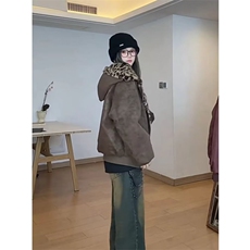 美式复古连帽豹纹男女双面穿座山雕棉服PU磨砂皮棉衣秋冬街头外套，男装棉衣，星座506A
