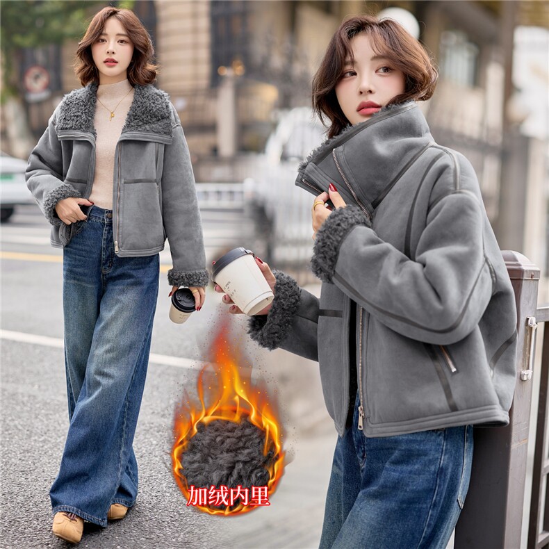 9108时尚温暖皮毛一体外套，女装羊羔毛/颗粒绒，依路服饰