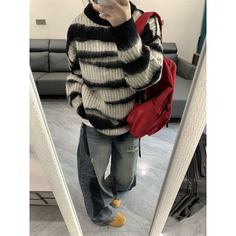 马海毛条纹美式复古毛衣男潮牌秋冬慵懒oversize针织衫M6011,男装针织衫/毛衣,星座1116A（原606A-3）