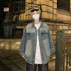 牛仔外套男秋季复古水洗美式翻领牛仔夹克青年帅气字母印花牛仔衣，男装工装外套，星座410-7