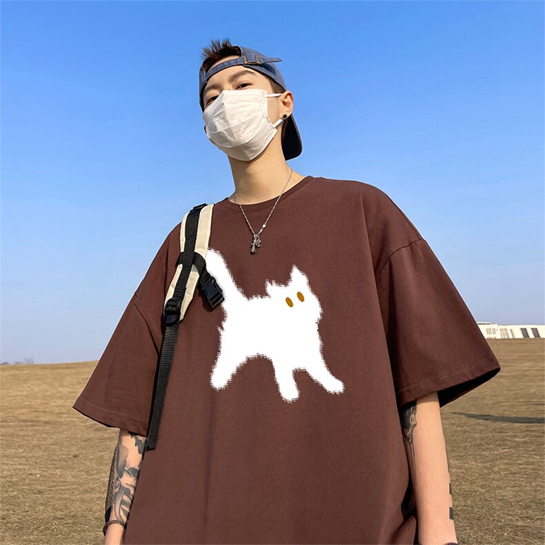 小猫印花短袖t恤男生夏季纯棉重磅学生衣服潮牌大码圆领半袖体恤,男装T恤,电商A486