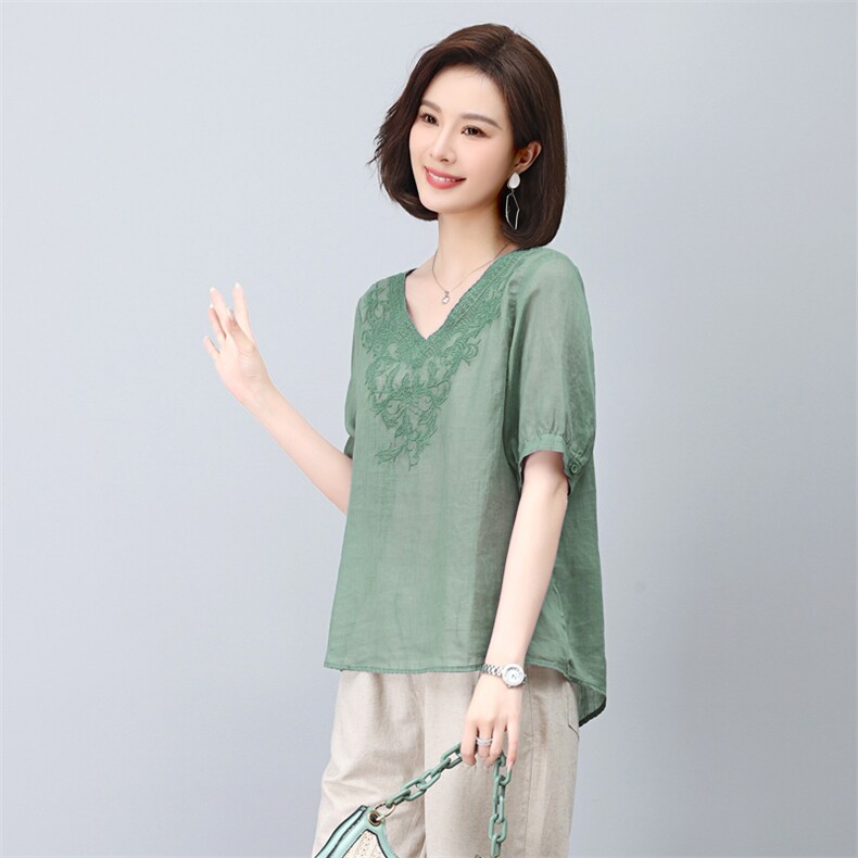 苎麻衬衫女短袖2023新款夏季v领刺绣衬衣小个子妈妈小衫显瘦上衣,女装T恤,涵誉