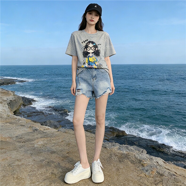 潮流休闲时尚运动套装女夏季新款圆领印花刺绣上衣牛仔短裤两件套,女装套装/套裙,江南