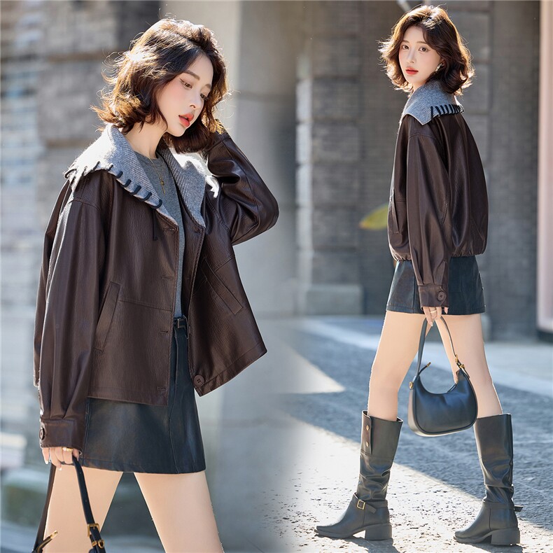设计感针织披肩领拼接皮衣外套女2025秋季新款超好看pu皮夹克上衣，女装皮衣，臻衣坊