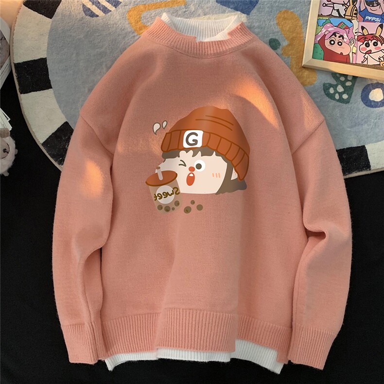 中性奶黄色休闲宽松假两件印花毛衣撞色情侣M6213P65控78,男装针织衫/毛衣,电商A268