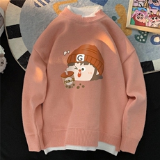 中性奶黄色休闲宽松假两件印花毛衣撞色情侣M6213P65控78，男装针织衫/毛衣，电商A268