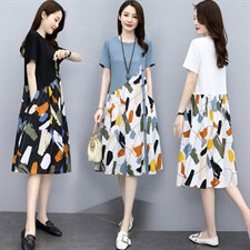 印花拼接棉麻连衣裙女夏季2025新款小个子宽松显瘦遮肚子短袖裙子，女装连衣裙，关键词