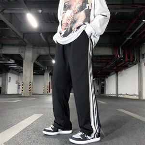 男春季高品质美式ins炸街条纹运动裤直筒宽松垂感休闲长裤Z32P35图片