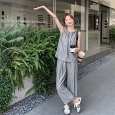气质轻熟风褶皱圆领上衣两件套女2025夏季气质高级阔腿裤淡人套装，女装套装/套裙，2C353