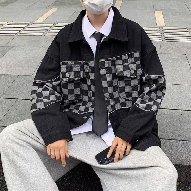 牛仔外套男秋季新款潮牌休闲棋盘格拼接夹克宽松百搭上衣X330/P45,男装工装外套,星座506
