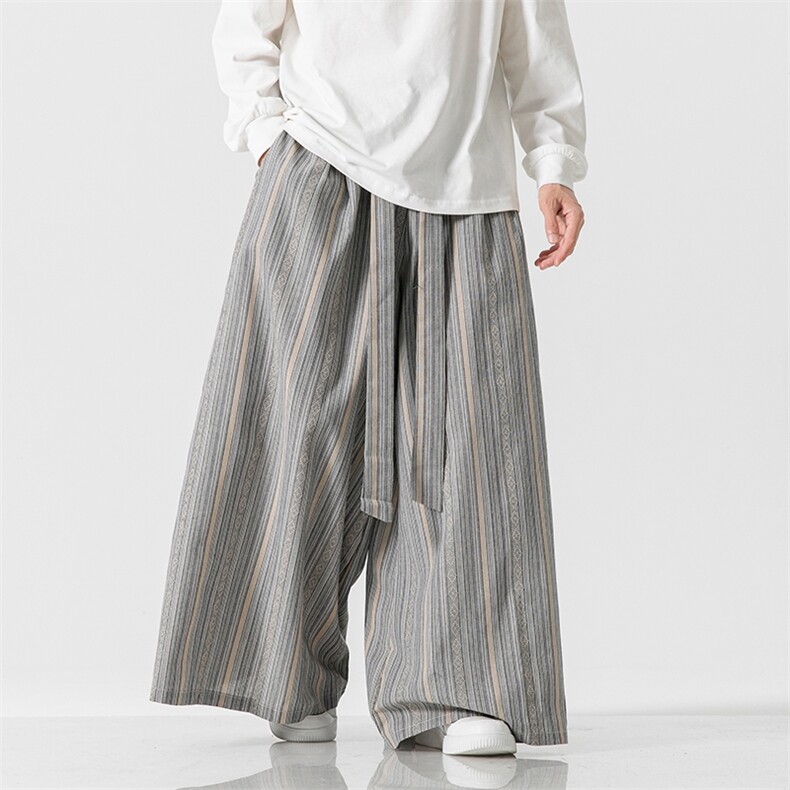秋装大码风条纹阔腿裤复古民族风棉麻直筒裤裙裤K241/P75，男装民族服装，电商A221A