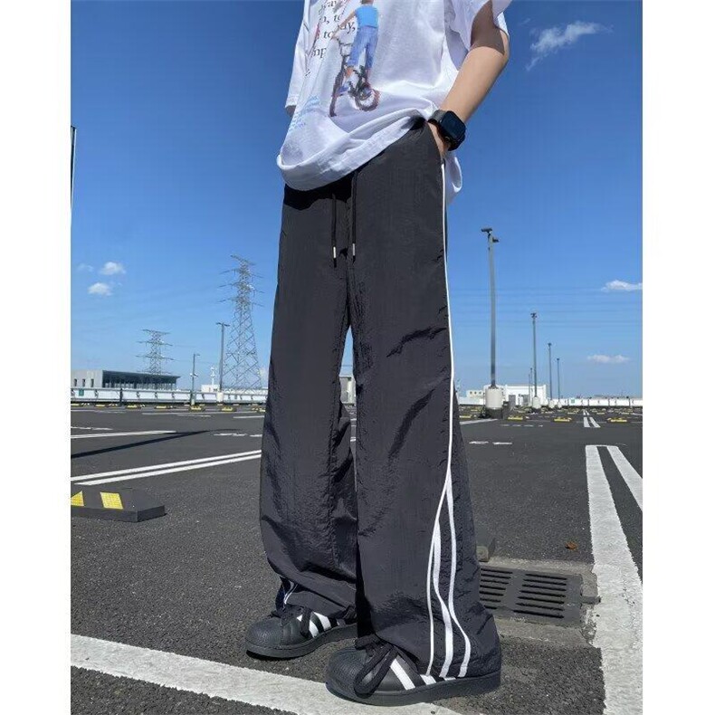 美式条纹裤子男生夏季薄款激光打孔设计潮牌大码宽松直筒运动长裤,男装休闲裤,星座302B-1