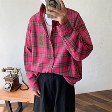日系复古格子衬衫男女高街潮牌hiphop宽松情侣款衬衣外套MC18-P33，男装衬衫，星座1008