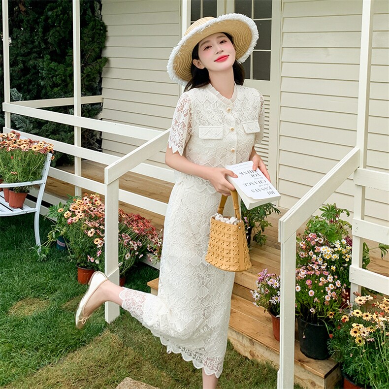 两件套装裙连衣裙女夏季2025年新款小香风高级感短袖蕾丝半身裙子，女装套装/套裙，小九月