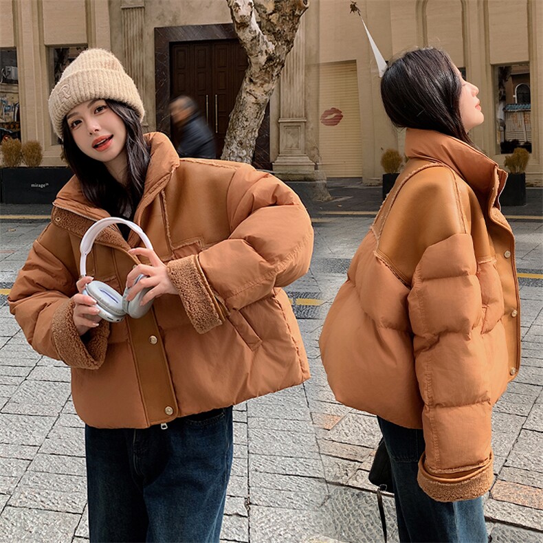 长袖立领直筒型常规拉链2026年冬季白鸭绒插肩袖PU拼接羽绒服,女装羽绒服,微微衣阁