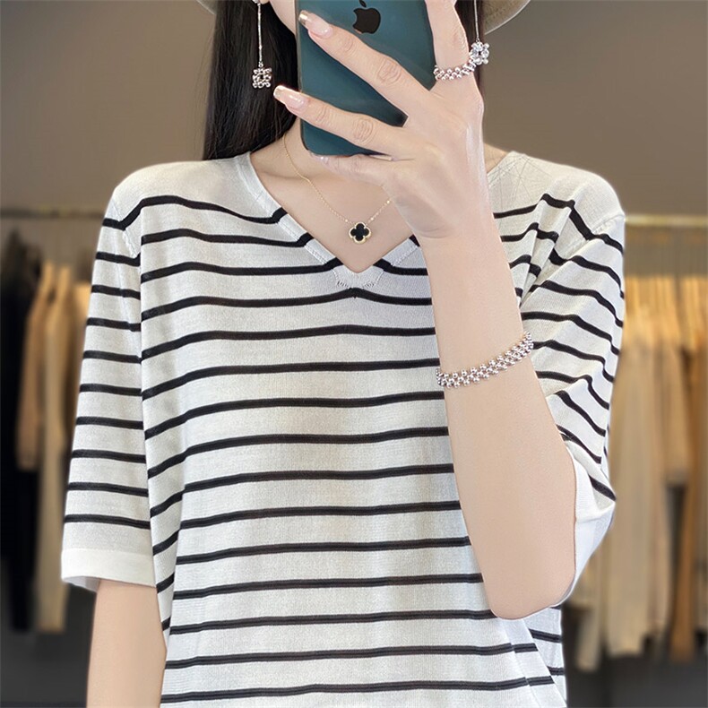 洋气减龄V领冰丝条纹针织短袖T恤女宽松休闲薄款小衫显瘦撞色上衣,女装T恤,秋虹羊绒
