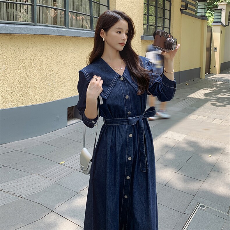 法式复古娃娃领牛仔连衣裙女春季2025新款收腰显瘦气质休闲长裙子图片