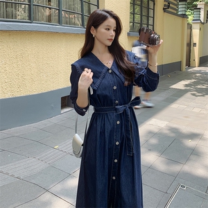 法式复古娃娃领牛仔连衣裙女春季2025新款收腰显瘦气质休闲长裙子图片