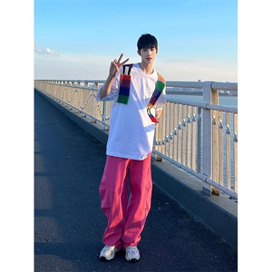 白色彩虹毛织拼接短袖T恤男款夏季美式潮牌重磅体恤撞色刺绣半袖图片