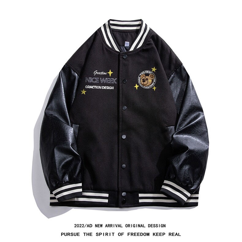 22秋冬新款设计感趣味印花PU皮棒球服夹克外套G643P85控108,男装夹克,电商A247-1