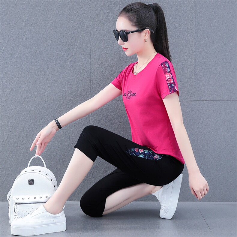 短袖纯棉运动套装女夏季2023新款广场舞跳舞中年妈妈休闲服两件套，女装运动套装，燕颉服饰