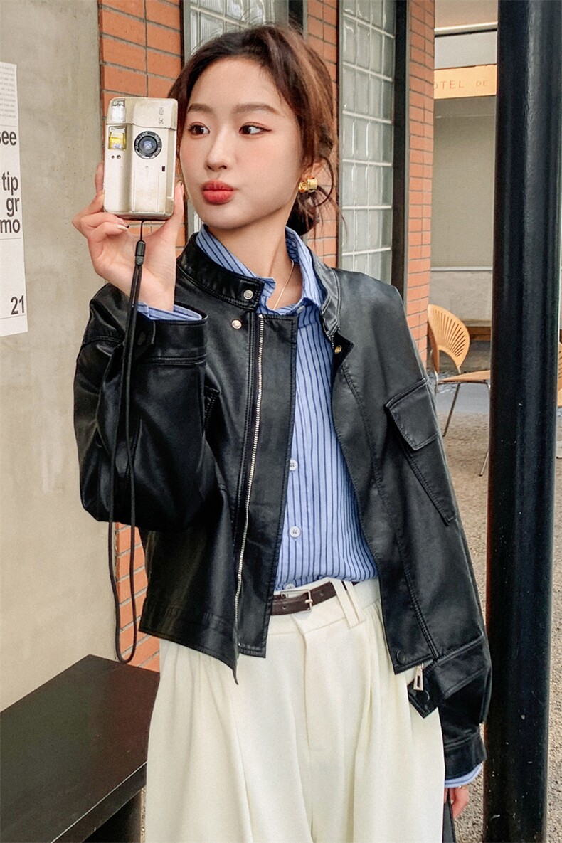 复古黑色皮衣外套女春秋机车小众高级感小个子立领短款PU皮夹克,女装皮衣,欣美人