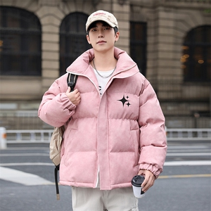 港风冬季新款棉衣男印花宽松PU皮立领面包服大码外套男MY625-P128图片