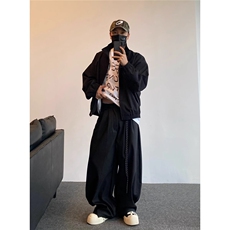 春夏美式复古通勤垂感黑色弯刀西裤男女直筒宽松潮牌阔腿休闲长裤，男装西裤，星座1210-1