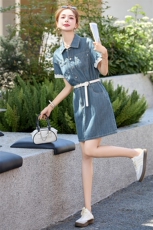 时尚蕾丝花边拼接牛仔连衣裙女2025夏季新款小个子超好看休闲裙子，女装连衣裙，美沁