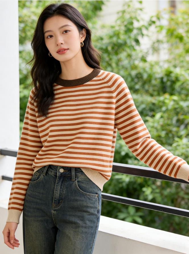 2026新款橘色条纹套头毛衣女,针织衫/毛衣,沐策羊绒