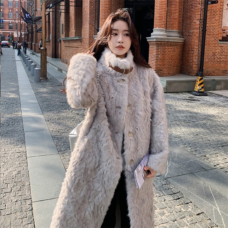 高级感灰色立领羊羔毛外套女冬2024新款加绒加厚皮毛一体皮草大衣图片