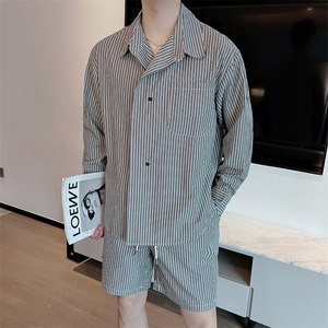 夏季韩版设计感不规则条纹衬衫长袖休闲短裤两件套装 TZ223-P100图片