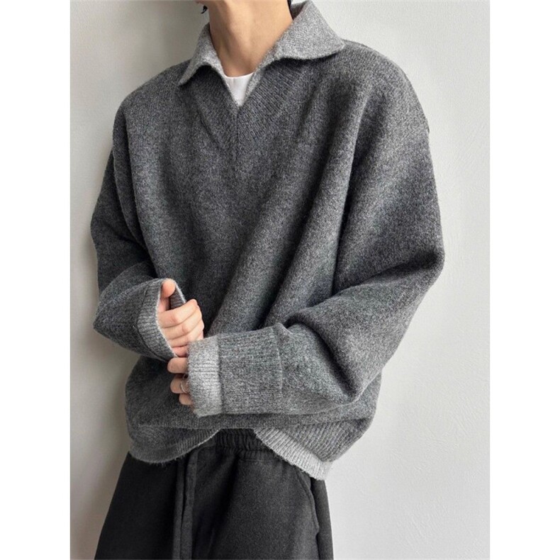 美式复古假两件v领毛衣男款冬季慵懒风高级感针织衫 MF09图片