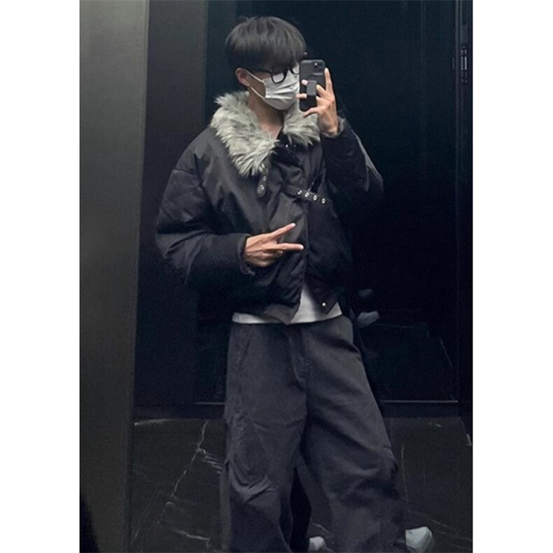 冬季新款黑色毛领夹克棉服男高街皮扣设计感棉衣外套MS6030,男装夹克,星座1116A（原606A-3）