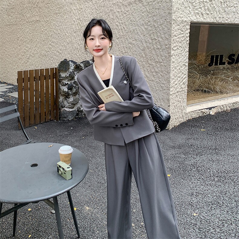 高级感灰色西装套装女2025春季新款干练气质短外套阔腿裤两件套潮,女装套装/套裙,新思路