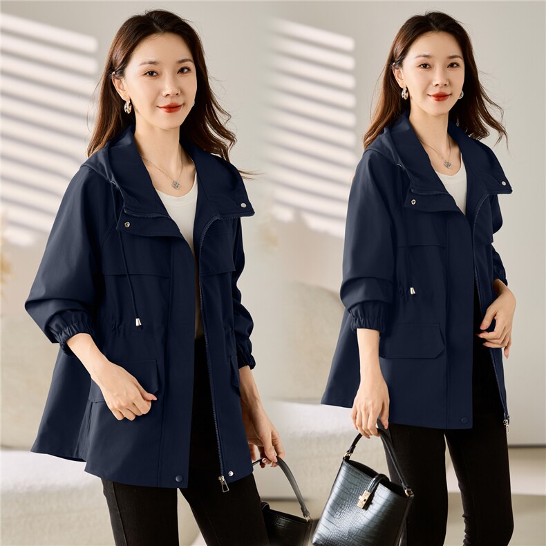 现货大货已出！！2025秋季女装新款时尚抽绳中长款显瘦连帽外套,女装风衣,以桐