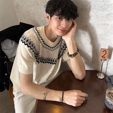 情侣款费尔岛针织复古半袖T恤610A-1-YC903-P40，男装T恤，星座610A-1