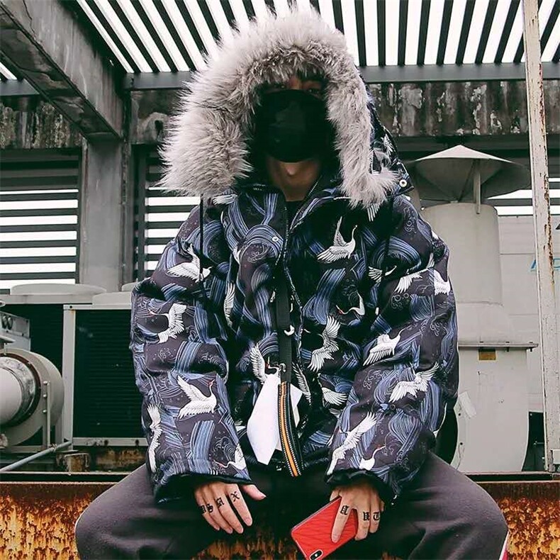 冬季韩版国潮仙鹤满印情侣棉衣宽松加厚棉服男外套Y05-P130，男装棉衣，星座1501