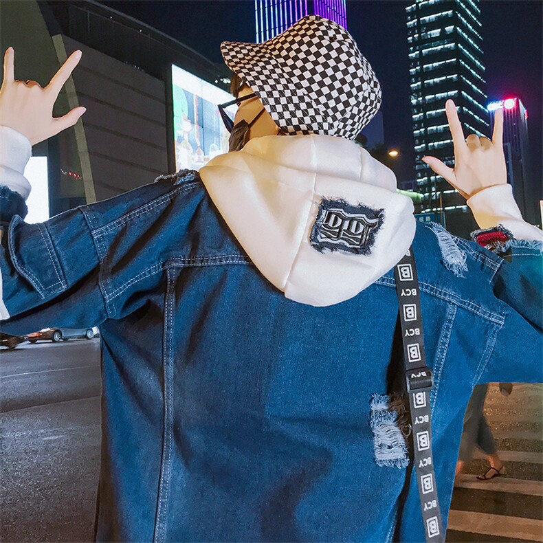 男式牛仔假两件破洞牛仔外套休闲个性潮流连帽夹克J,男装夹克,电商B226-2（原B217-2）