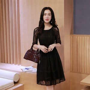 优雅蕾丝连衣裙女夏季新款修身显瘦气质淑女半袖A字裙图片