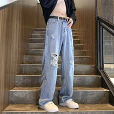 破洞牛仔裤男女春秋美式水洗做旧街头宽松直筒休闲长裤N00212-P43，男装牛仔裤，星座308B-1