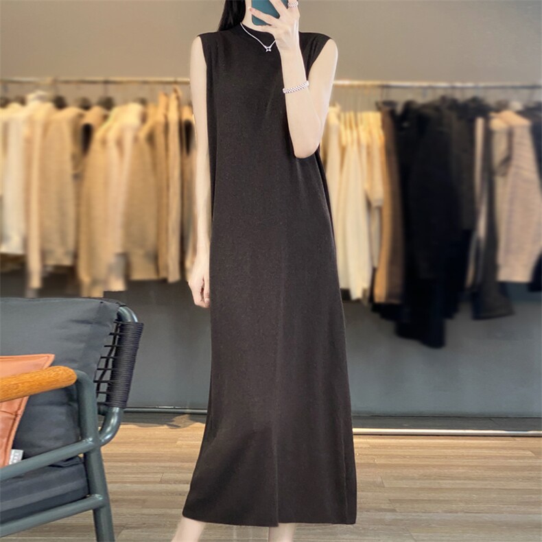 时尚优雅女士修身显瘦四平无袖连衣裙长裙简约大气百搭必备,女装连衣裙,东远绒业