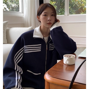 美式复古立领条纹运动外套男潮牌休闲棒球服百搭卫衣JK1420图片