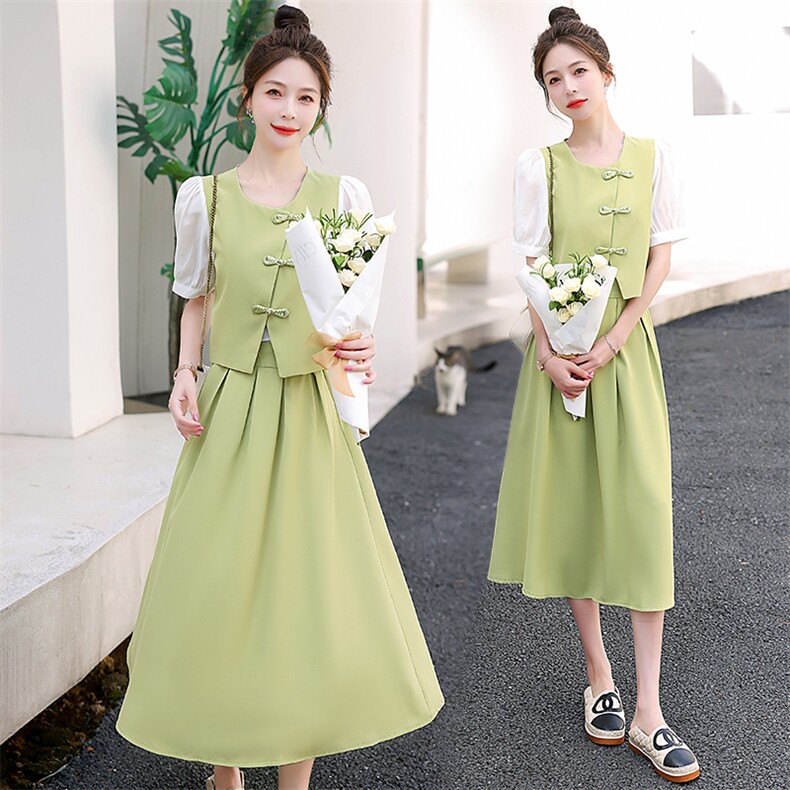2023夏季新款优雅新中式盘扣两件套裙修身显瘦气质连衣裙，女装套装/套裙，橙子家