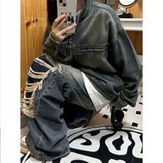 水洗复古港风牛仔外套女春秋新款大码胖mm宽松夹克上衣LJK055-p65，男装工装外套，星座1008