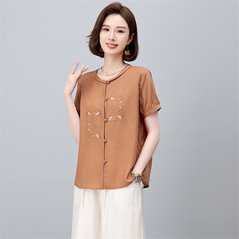 2025夏装新款简约时尚刺绣复古衬衣，女装T恤，阿丹